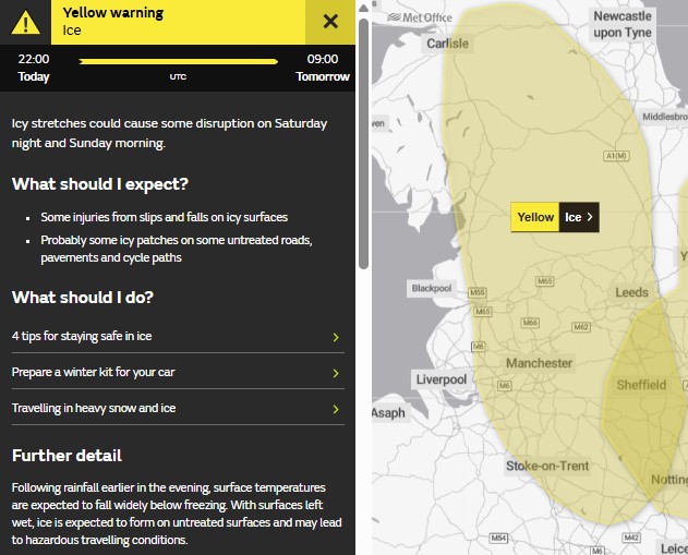 ⚠️ Yellow weather warning issued ⚠️

Ice across central and northern parts of England

22:00 today until 09:00 Sunday

Latest info 👉 bit.ly/WxWarning

Stay #WeatherAware⚠️