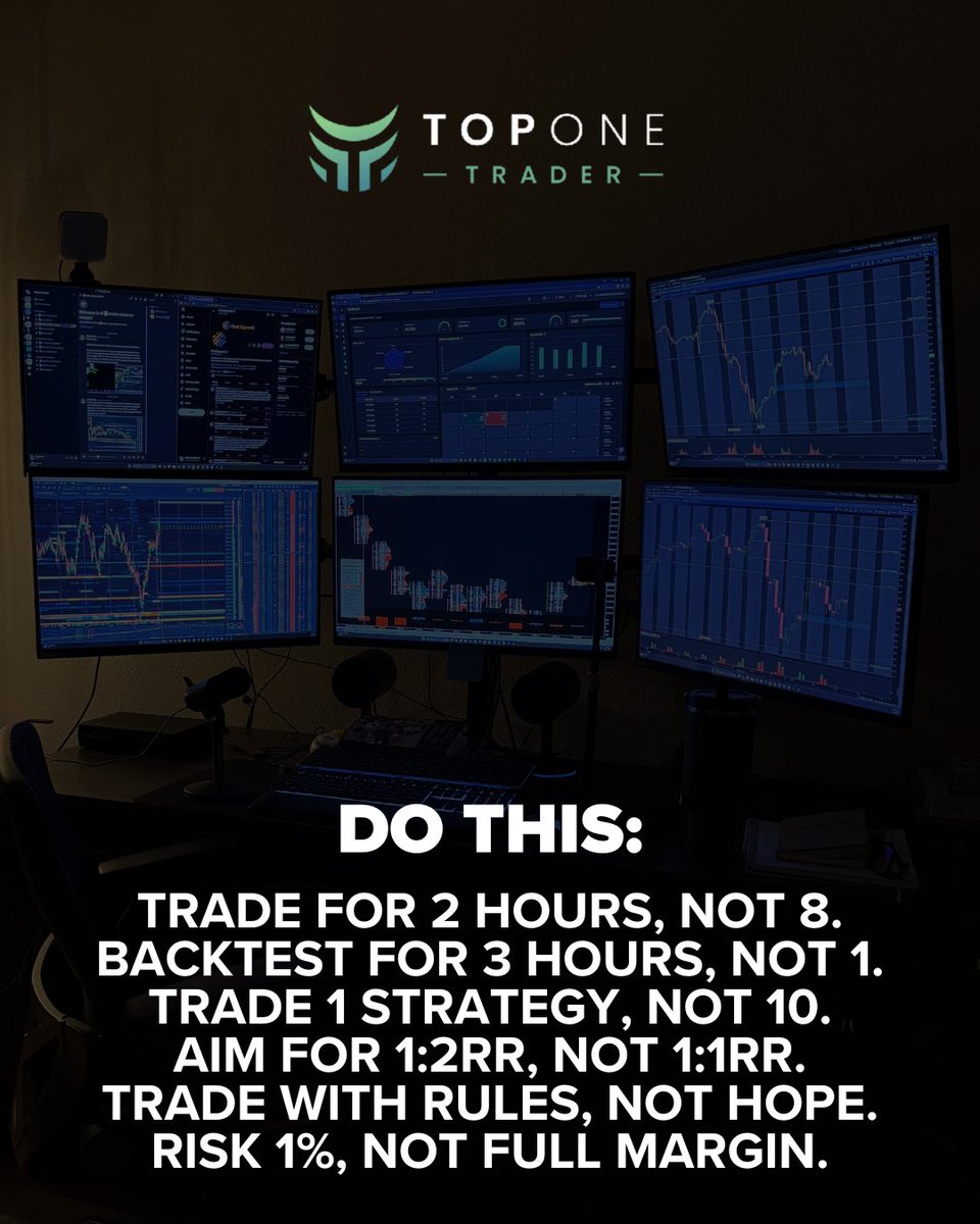 TopOneTrader's tweet image. Do this:
⏳ Trade for 2 hours, not 8.
📊 Backtest for 3 hours, not 1.
🎯 Master 1 strategy, not 10.
⚖️ Aim for 1:2 RR, not 1:1.
📋 Trade with rules, not hope.
💵 Risk 1%, not your full margin.

Smart trading isn’t about doing more.
It’s about doing the right things consistently.