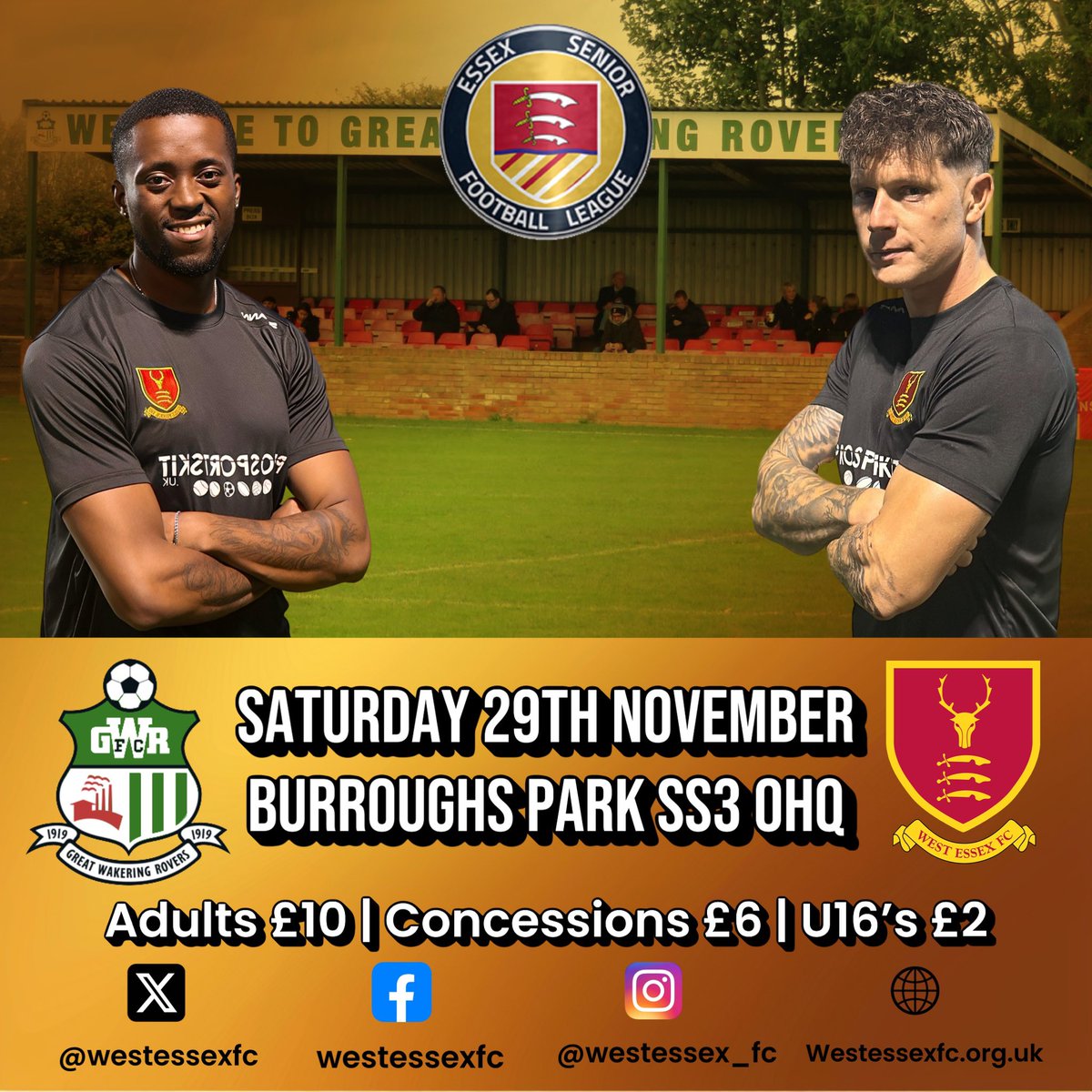 westessexfc's tweet photo. 🚨 𝗠𝗔𝗧𝗖𝗛𝗗𝗔𝗬 ‼️

🏆 @EssexSenior 
🆚 @GWRovers (a)
🕒 3pm KO
🎟️ £10 | £6 | U16’s £2
📍 Burroughs Park SS3 0HQ
#NonLeague #UpTheWest #RocknRollFootball #SupportYourLocalTeam #AwayDays https://t.co/Sq957vw2oC