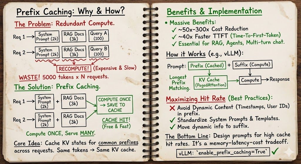 "Just use KV cache for LLM inference"

Until you need:
- Same 5000-token system prompt for every request
- 10M+ requests/day burning $50k on redundant compute
- RAG pipelines reprocessing the same docs 1000x/day

Then you implement prefix caching.

You know why basic KV cache