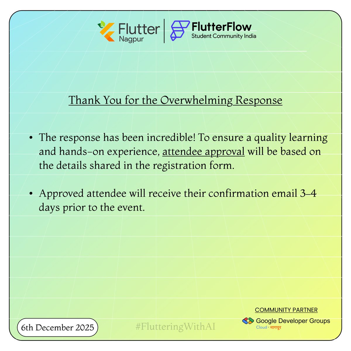 FlutterNagpur's tweet image. 🚀 We’re HOUSEFULL!
Registrations for Fluttering With DreamFlow &amp;amp; AI are now closed.

Thank you for the incredible response!
Shortlisting updates coming soon. 💙

#FlutterNagpur #FlutteringWithAI #DreamFlow @flutterflow @gdgc_ngp