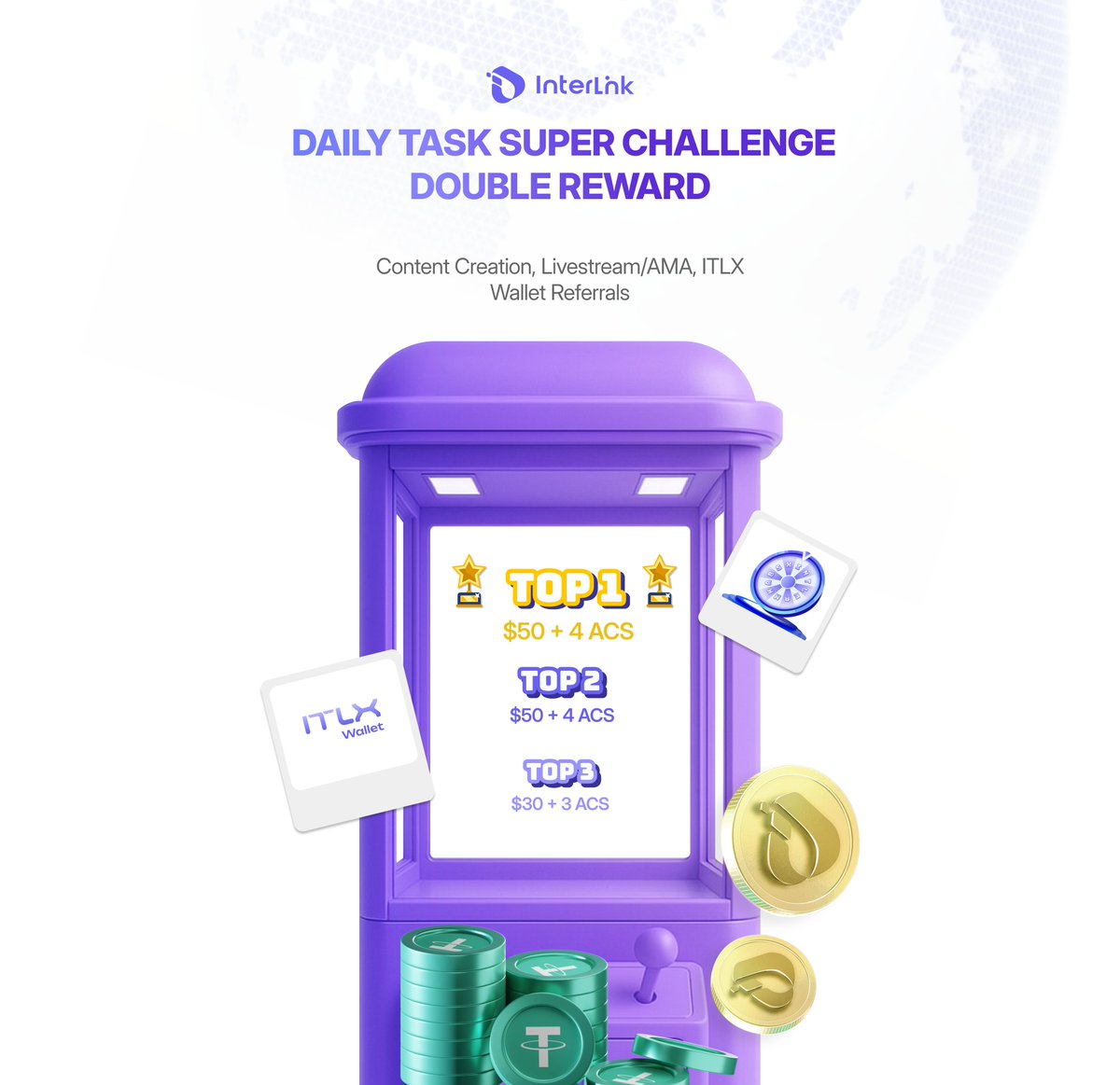reina_itl's tweet image. 🌟Daily Task Super Challenge - Double Reward!

To celebrate the official launch of ITLX Wallet and  ITLX Wallet Campaign, we are proud to introduce the Daily Task Super Challenge – Double Reward, exclusively for Ambassadors at @inter_link,  a high-impact mission designed to drive…