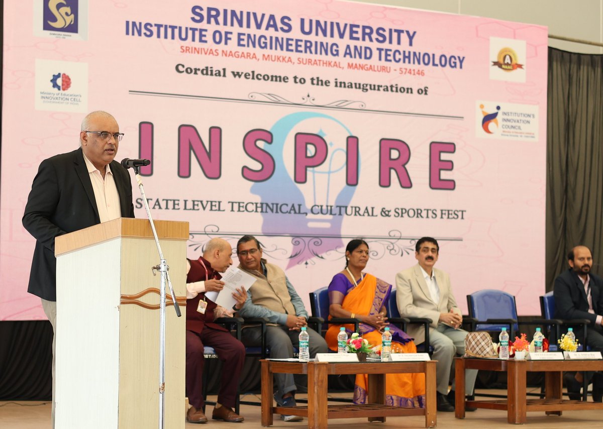 SUIET_Mukka's tweet photo. Dr. A. Srinivas Rao, Hon’ble Pro-Chancellor #SrinivasUniversity, presided over the program. Dr K Satyanarayana Reddy (Vice-Chancellor), Dr. Anil Kumar (Registrar), Dr @RKHEGDE2 (Dean #SUIETMukka) & Prof. Vishwas C. Shetty (Convenor of #Inspire2025) were present. (2/n) https://t.co/idjWslLpgJ