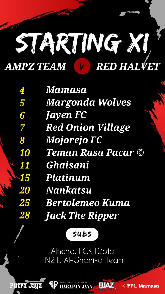 STARTING XI
#BRFICup
#Cupweek4

VS <a href="/RedHelvetFC/">Red Helvet FC.</a> 

Come on gais!!!

<a href="/LigaBRFI/">Battle Royale FPL Indonesia</a>