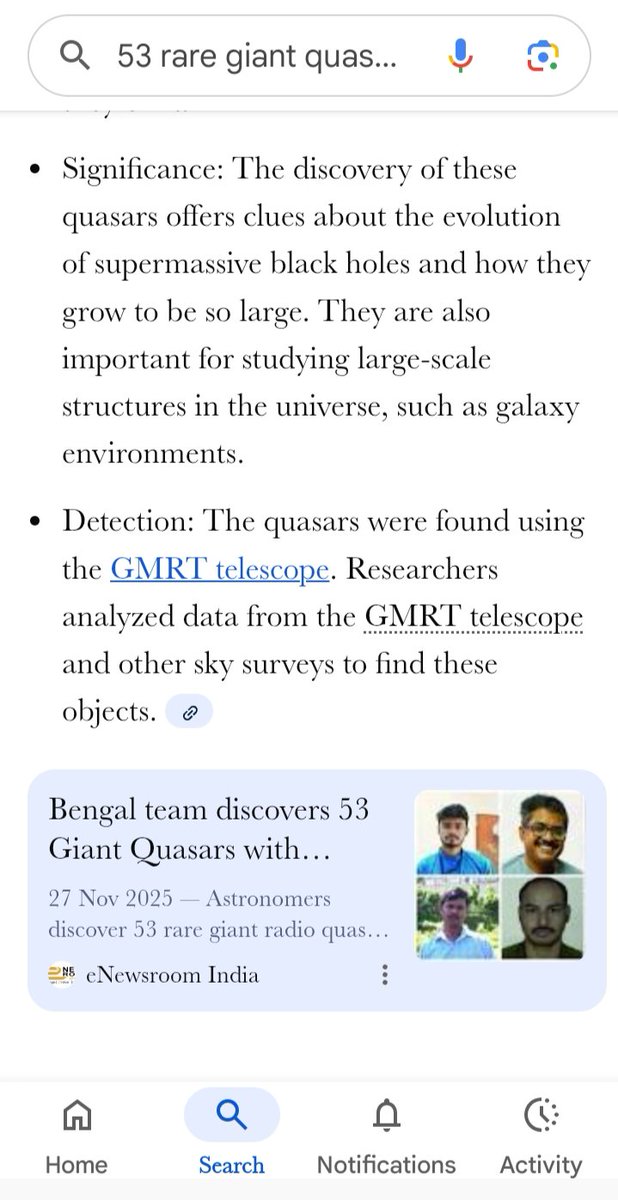 TUHINSAJJADSK1's tweet image. If you google &quot;53 rare giant quasars&quot;, see my story is top story in the internet search engine.

enewsroom.in/bengal-researc…

#giantradioquasars #Astronomy #scicomm