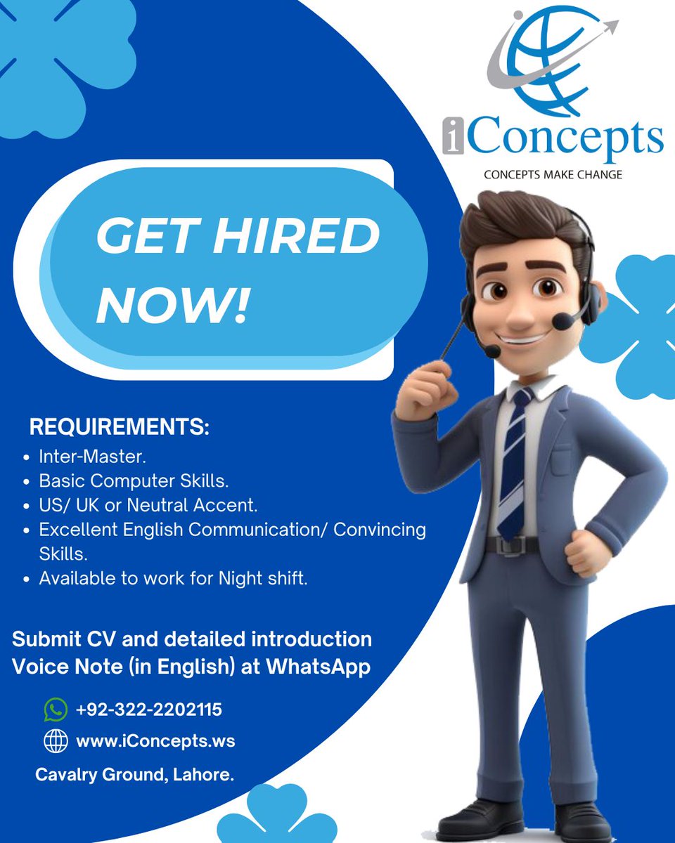 iConceptsBPO's tweet photo. Cold Caller for USA B2B Lead Generation Call Center Campaign
The USA campaign timings are 7:00pm-4:00am,
You will enjoy a competitive basic salary plus incentives.
To apply, WhatsApp us at +923222202115 with CV and a voice note introduction in English for shortlisting. https://t.co/HBCDDjOSlE