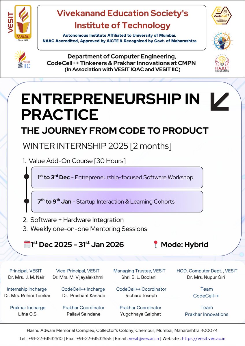 vesitedu's tweet image. The Department of Computer Engineering is proud to announce the VESIT-CMPN Winter Internship 2025-26 exclusively for Computer Engineering students!
Gear up to enhance your technical skills, gain hands-on experience, and work on real-world projects under expert guidance.