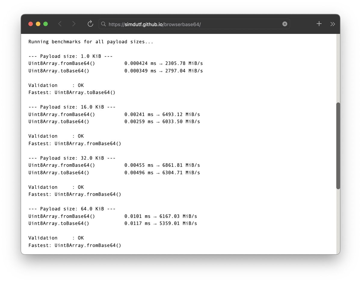awesomekling's tweet image. before: shameful display by @ladybirdbrowser
after: significantly improved by optimization work

for the 16.0 KiB buffer size:
🔥 3.8x faster fromBase64()
🔥 38.4x faster toBase64()

(we were already using simdutf but doing various silly/inefficient things 😅)