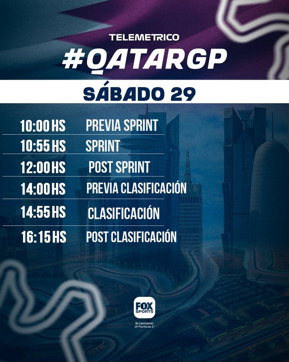 🚨TELEMETRICOS‼️

Ya comienza #QatarGP 🇶🇦
CARRERA SPRINT y QUALI 

#EnVivo x <a href="/FOXSportsArg/">Fox Sports Argentina</a> 
<a href="/TelemetricoF1/">TELEMETRICO | Adrian Puente F1 - Oficial -</a> <a href="/puenteadrian/">Adrian Puente (Oficial)</a> <a href="/aagulla_TV/">Andres Agulla</a> <a href="/f1andersen/">Florencia Andersen</a> 

👉🏻 MANDÁ TU MENSAJE Y USÁ
#Telemetrico #VamosNene 
Así lo compartimos en pantalla!

#QatarGP #telemetricof1