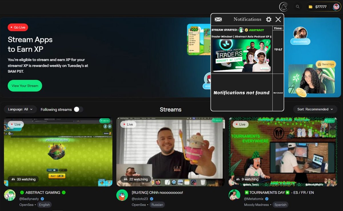 New concept for stream notifications on <a href="/AbstractChain/">Abstract</a>

Streams playing an important role in Abstract, but due to the current algorithms, streams with low viewership often end up at the very bottom of the list, and people rarely scroll down to them

It would be great to add a tab