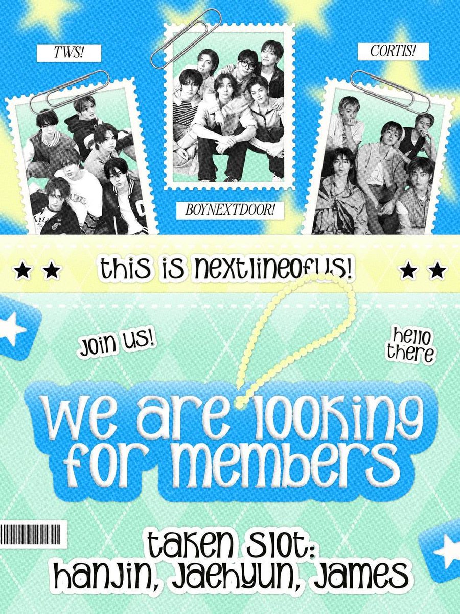 ️️ 
📢 ⋆ Hello! NextLineOfUs is looking for the members of BND, CORTIS, and TWS. Have you seen their faces around? Or maybe you’re one of them? Either way, we’re so glad you found us! The rest of the members can leave a trace below and a repost would be lovely. ★ ୭
 ️️