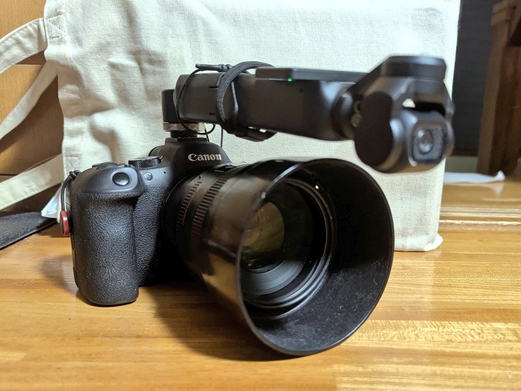 OHL_ch's tweet image. カメラ上のスマホは後ろの人の迷惑だし、ましてや片手カメラ片手スマホは危険（普通に落とすし手ブレする）なので、現状写真と動画を一緒に撮るには&quot;DJI OSMO POCKETをカメラに付ける&quot;がベストチョイスだと思います（高さ3cmぐらいで被写体をトラッキングすれば自動で追いかけてくれる）