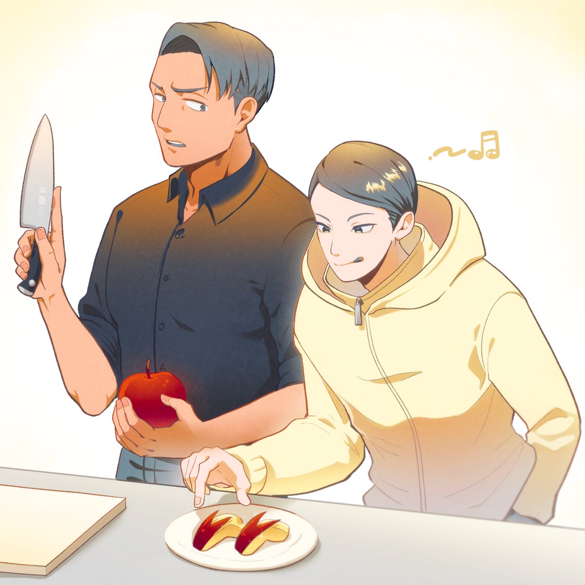 #秋のいをする絵描きローテーション企画
自分が塗りを担当した松ガスです！
秋っぽい色にしたかったので黄・赤＆肌は濃いめ＋青系はさらにくすませたり…
つまみ食いする🌋も、うさちゃんカットしてくれる🌲さんも可愛いくて🙏😇　のらきちさん・うたねさん、ありがとうございました！