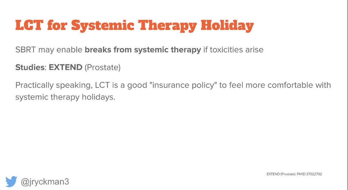 jryckman3's tweet image. Here are some practical uses of oligo(SB)RT in the meantime

1) LCT to maintain current systemic therapy, 2) LCT for systemic therapy holiday and 3) LCT in lieu of systemic therapy.