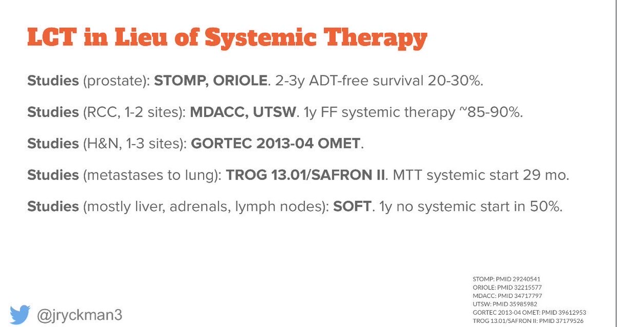 jryckman3's tweet image. Here are some practical uses of oligo(SB)RT in the meantime

1) LCT to maintain current systemic therapy, 2) LCT for systemic therapy holiday and 3) LCT in lieu of systemic therapy.