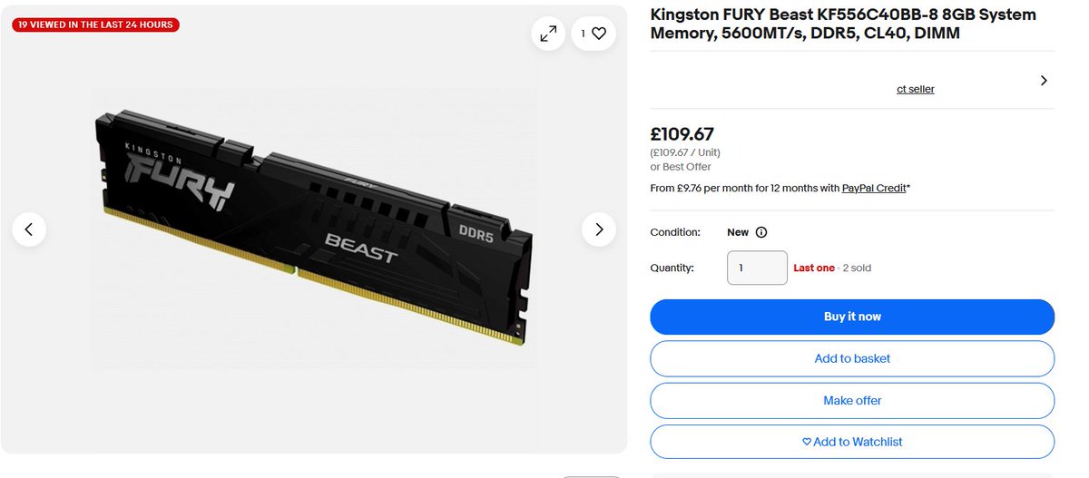 ZonalFear's tweet photo. £110 for 8 gigs of single stick DDR5 RAM, and not even particularly fast.

I hate it here. https://t.co/aCFw6QINJI