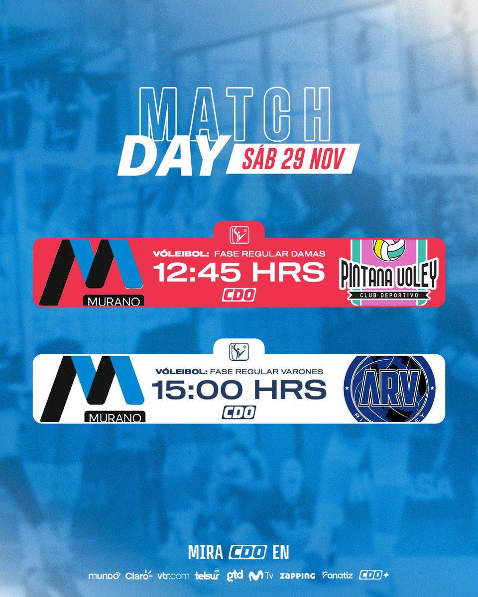 SÁBADO DEL MEJOR VÓLEIBOL DE CHILE🏐🔥

Esta jornada tendremos dos imperdibles partidazos en la Liga A1🇨🇱

Murano🆚La Pintana (CDO y YouTube) 
Murano🆚ARV (CDO) 

Míralos también en cdoplus.cl y la app CDO+👀

#VoleyxCDO #CDOelcanaldetodoslosdeportes