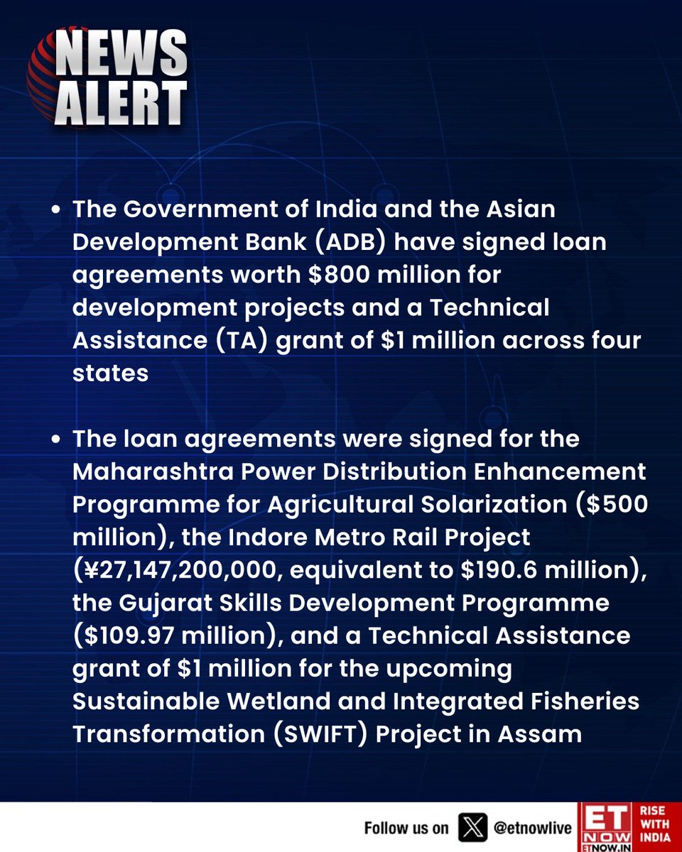 ETNOWlive's tweet image. #NewsAlert | Government of India &amp;amp; Asian Development Bank sign $800M in development loans

Funding to boost power, metro, skills, and wetlands projects across four states, along with a $1M technical assistance grant

#ADB #IndiaDevelopment #Infrastructure #MetroRail…
