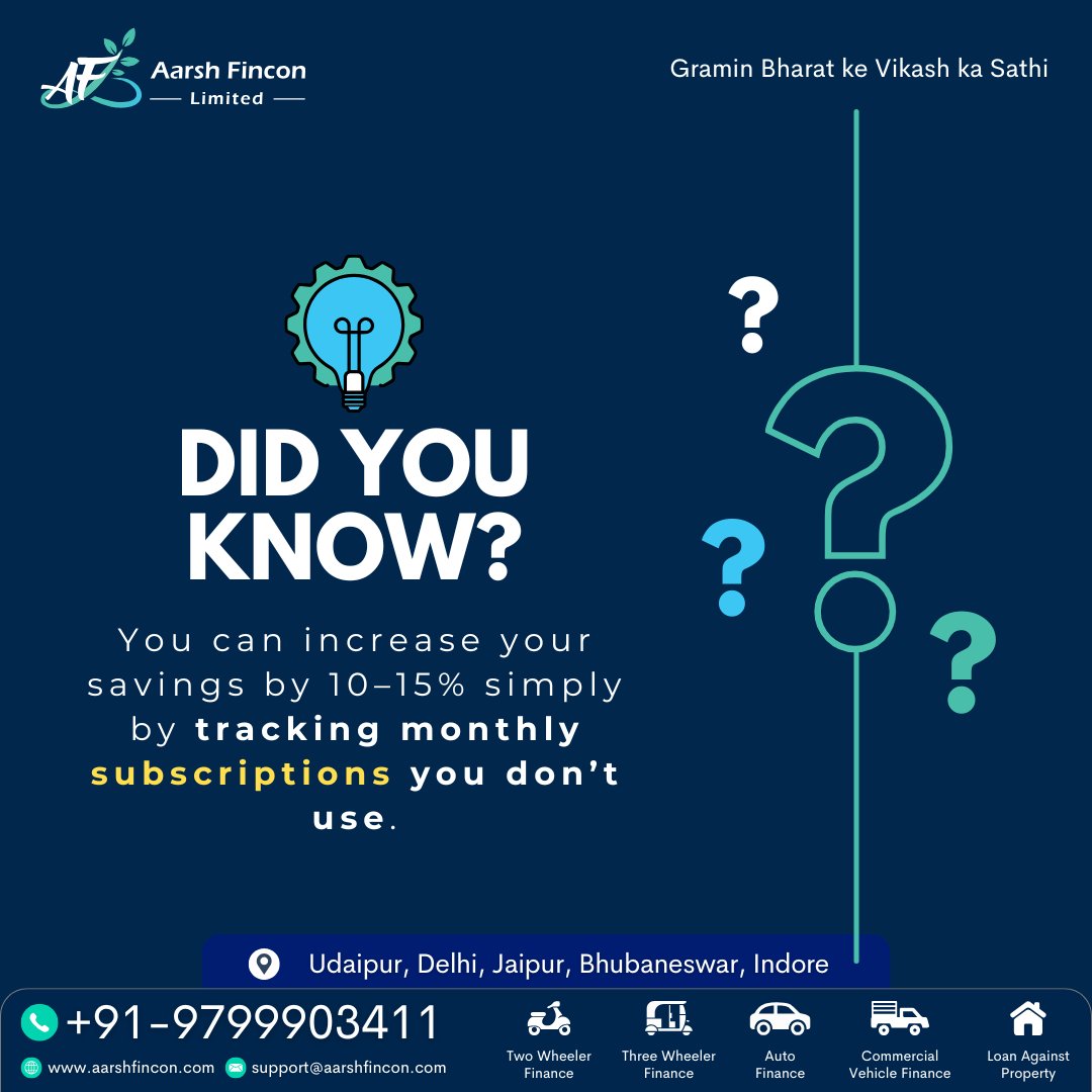 AarshLtd71914's tweet image. 💡 Did You Know?
A quick check on your unused monthly subscriptions can boost your savings by 10–15%!
Smart tracking = smarter finances.
At Aarsh Fincon Ltd., we help you make informed financial decisions for a stronger tomorrow. 
#AarshFincon #SmartSavingTips #FinancialWisdom