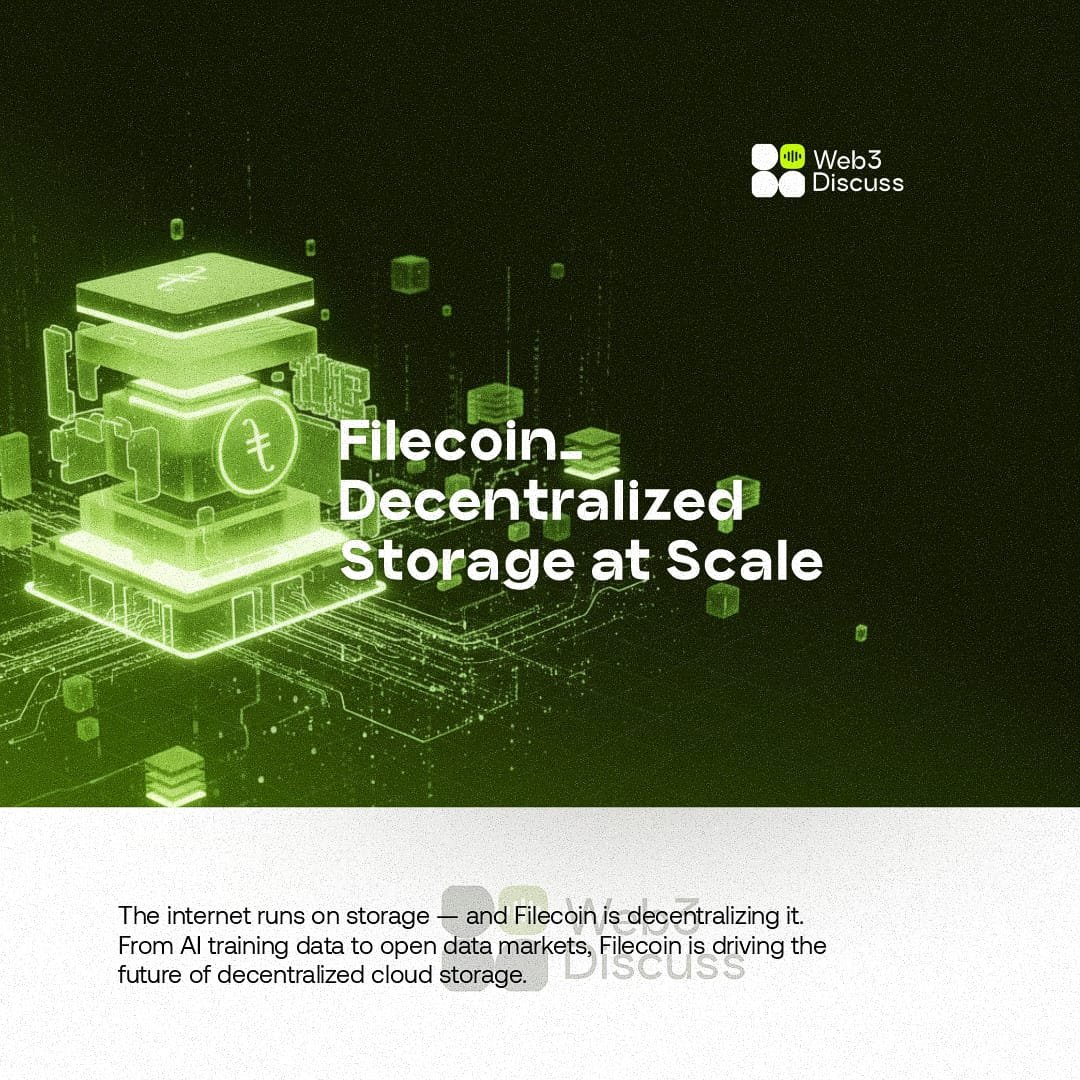 Web3Discuss's tweet image. As decentralized apps (dApps), NFTs, DAOs and decentralized AI expand, we need storage that’s open, permissionless, and resistant to censorship. @Filecoin gives that backbone.  

Imagine a world where your photos, your music, your project files don’t live on big, central servers,…