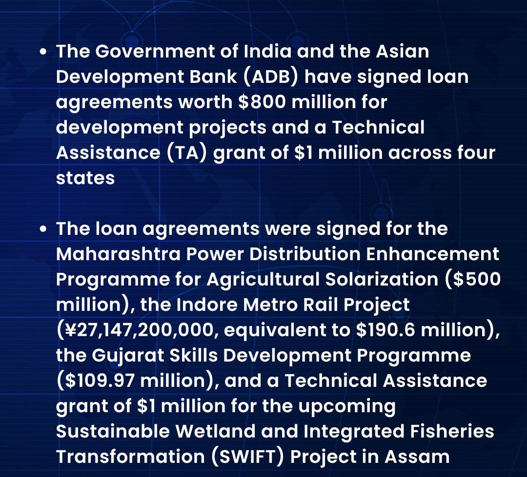 arbindtiwariT's tweet image. Government of India &amp;amp; Asian Development Bank sign $800M in development loans

Funding to boost power, metro, skills, and wetlands projects across four states, along with a $1M technical assistance grant

#ADB #IndiaDevelopment #Infrastructure #MetroRail #RenewableEnergy #Skilling…
