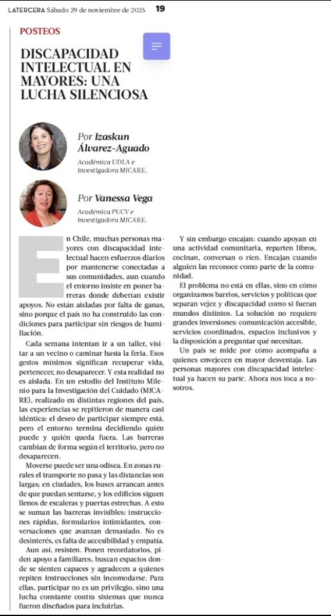 Cuando el país te cierra la puerta, la vida se convierte en una lucha silenciosa para muchas personas mayores.
Hoy publicamos en <a href="/latercera/">La Tercera</a> una columna que invita a mirar de frente esta realidad, que casi nunca entra en la conversación pública. 
<a href="/micare_chile/">MICARE</a> 
<a href="/nucleo_nesp/">Núcleo en Subjetividades & Igualdad</a>