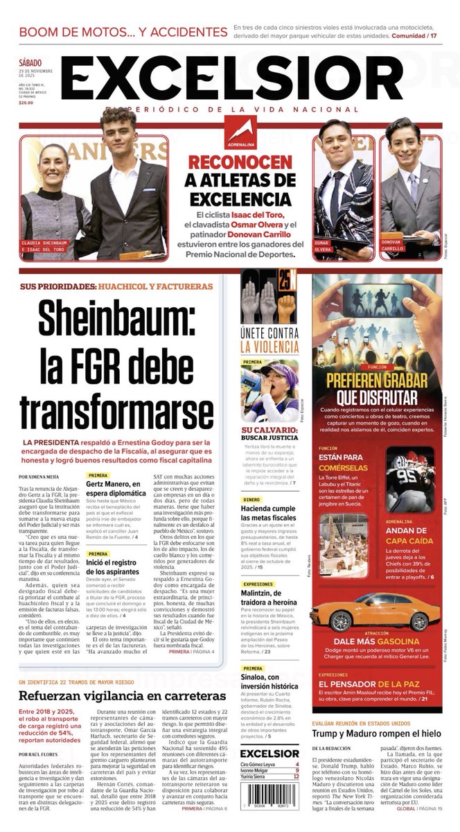 Excelsior's tweet image. 🗞 Te compartimos la portada de este #Sábado 29 de noviembre en #Excélsior.

-Papa critica guerras por causas religiosas; 1700 años del Concilio de Nicea
-EU suspende todos los trámites de asilo; efecto de at4qu4 en Washington
-Hay una moto en tres de cada cinco siniestros viales…