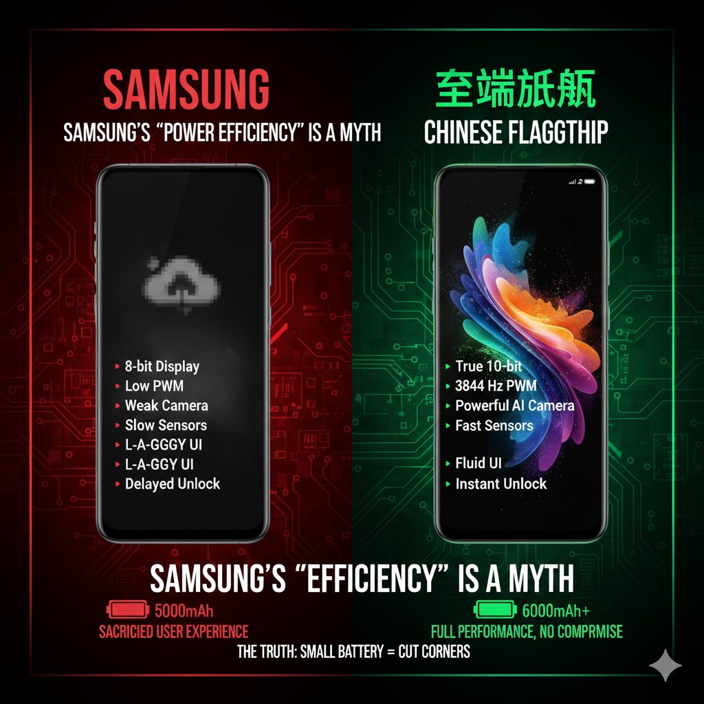 UniverseIce's tweet image. Samsung’s “Power Efficiency Magic”? It Doesn’t Exist.

All of its battery life is built on sacrificing user experience.

If Samsung truly pushed its hardware to the limit like Chinese flagship phones—using genuine 10-bit displays, enabling high-frequency PWM dimming, increasing…