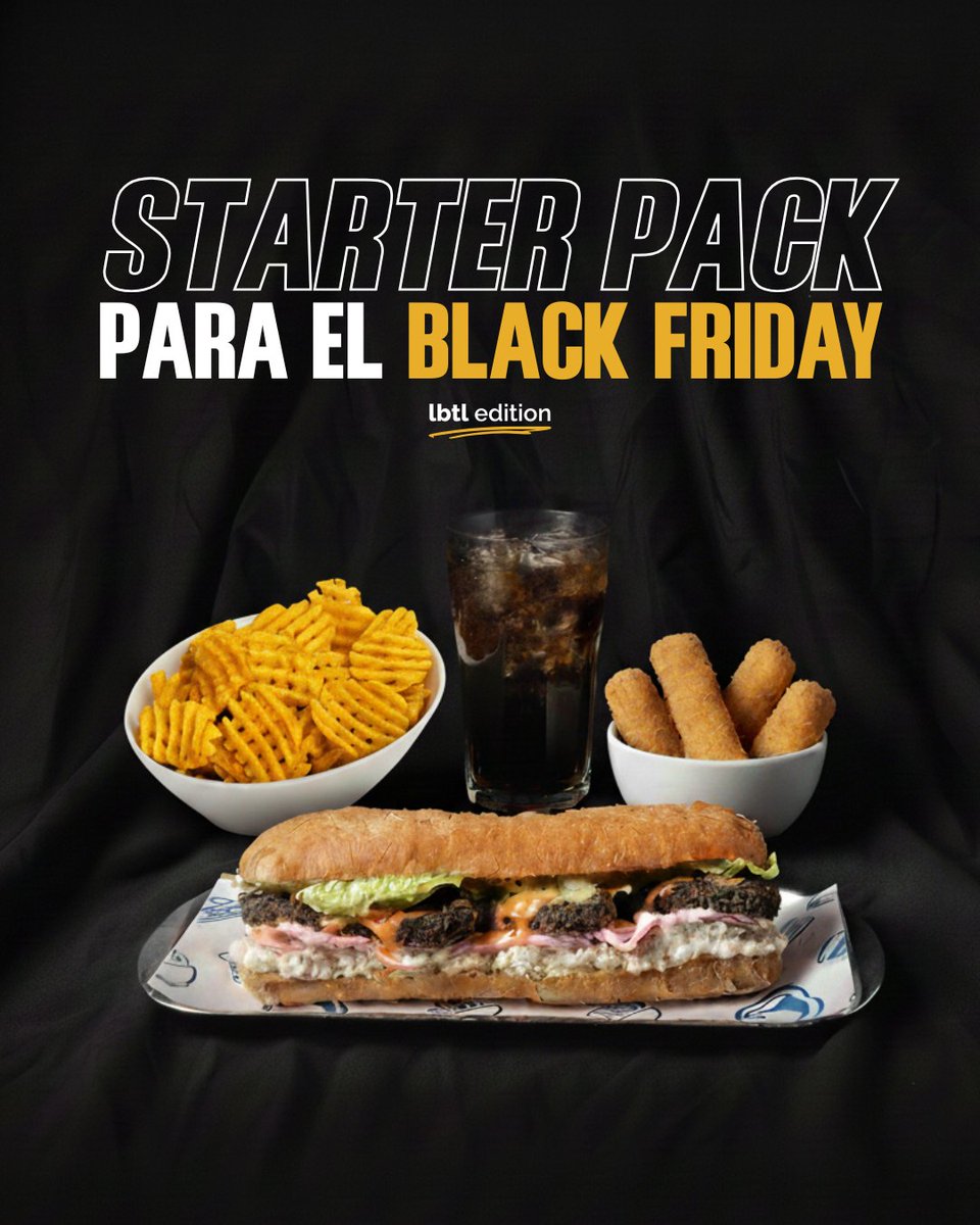 Hay días que necesitan algo especial… Por eso te traemos el Starter Pack para el #BlackFriday.

El nuevo #BlackDiamante, con unas patatas raqueta, unos palitos de mozzarella y tu bebida fav.

Si esto no te arregla el día, nada lo hará. 💙