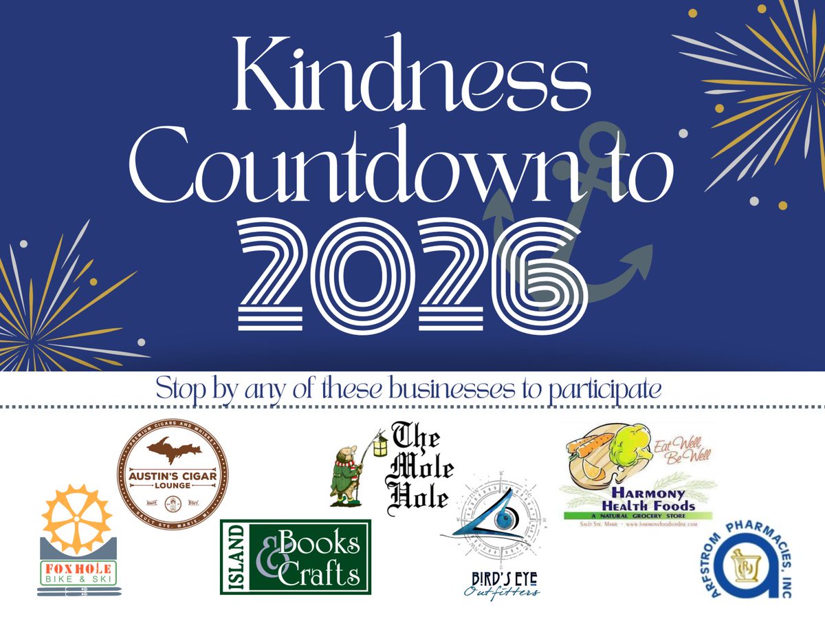 Downtown businesses are teaming up for the Kindness Countdown to 2026! 💛 Stop by any participating downtown business to write a kindness goal for the new year on a star, add it to their Kindness Walls, and support local while you’re at it. Let’s make Downtown Sault shine into