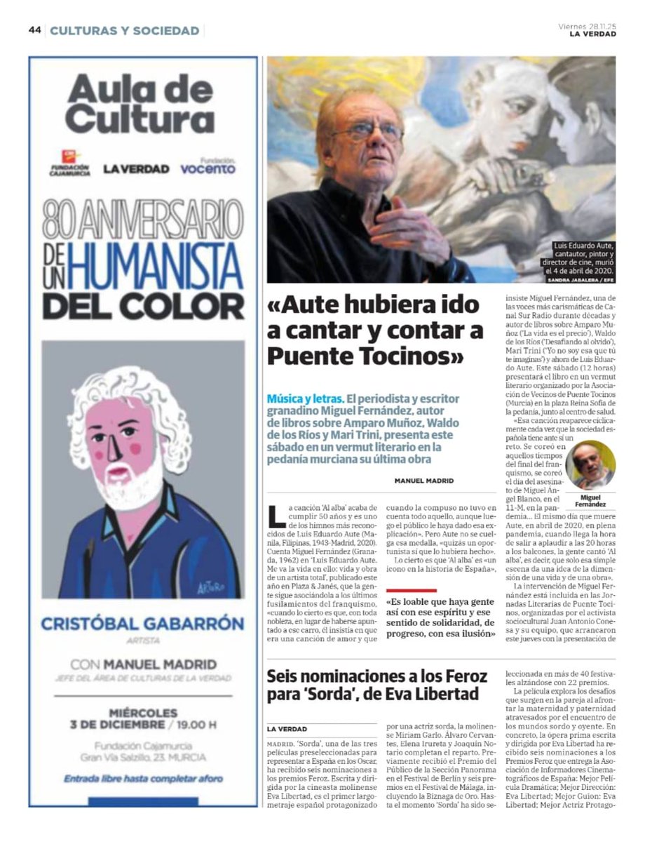 El diario La Verdad se hace eco del encuentro especial que protagonizará Cristóbal Gabarrón el próximo miércoles 3 de diciembre a las 19:00 h en el Aula de Cultura. <a href="/laverdad_es/">laverdad_es</a>