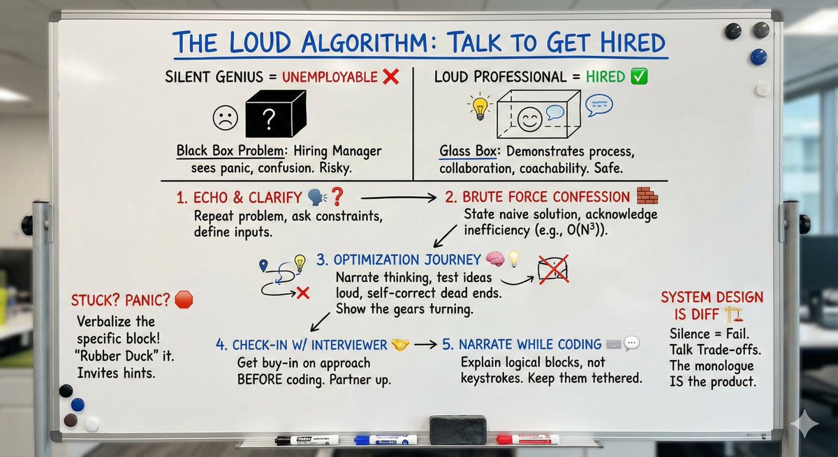 randomrecruiter's tweet image. One of the most underrated pieces of interviewing advice:

Talking out loud during technical interviews.

Most candidates sit in silence and hope the code speaks for them. It doesn’t.

Interviewers want to see how you think:
• How you break down the problem
• How you weigh…