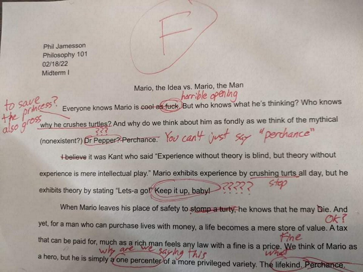 beesinpjs's tweet image. you have to read this shit it&apos;s so funny they&apos;re acting like she was failed out of her class just for being christian or whatever but the actual essay (650 words btw lmao) reads like the unironic equivalent of the stomping turts perchance mario essay