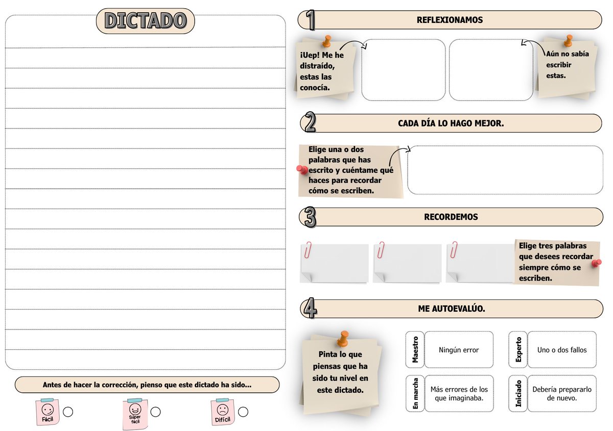 Plantilla de dictados con autoevaluación, ideal para trabajar ortografía y reflexión en el aula. Disponible en castellano y catalán.

bloomania.es/plantilla-de-d…

#ideasparaclase #claustrovirtual #educaciónprimaria #compartomiedublog #evaluaciónformativa
