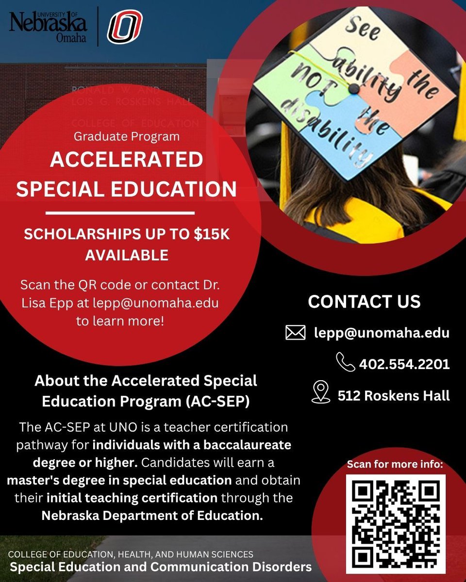 UNOSECD's tweet photo. Become a certified special education teacher- faster! UNO’s AC-SEP lets you earn your master’s degree and Nebraska teaching certification together in two years! Apply now and start your journey at UNO! #sped #spedgradstudent @UNOCEHHS @UNOmaha @UNOExpl @SCEC_UNO @UNOGradStudies https://t.co/WJYCuzgcTn