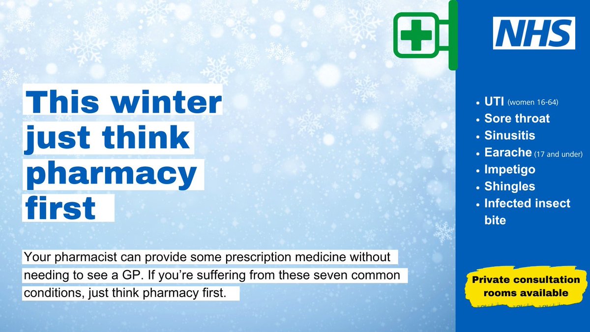 NHSinBlkCountry's tweet image. ❄️ Feeling under the weather this winter? Your local pharmacy is your first stop for help, advice and treatment for common illnesses — no appointment needed.

👩‍⚕️ Walk in and speak with a qualified NHS professional for same-day advice and treatment.

➡️ orlo.uk/u5Leg