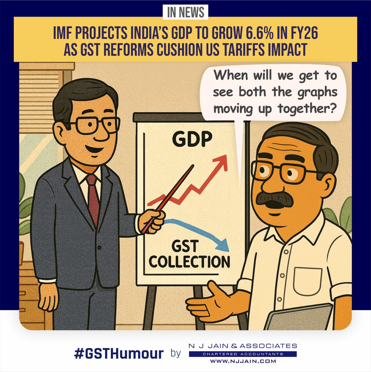 associates_nj's tweet image. Tariff shock absorbers are in place with GST cuts, and GDP forecasts look strong.
Now, all eyes are on the GST curve, which may take time to climb.
Two lines rising together - that’s the picture everyone wants to frame.

#GSTHumour #GSTReforms