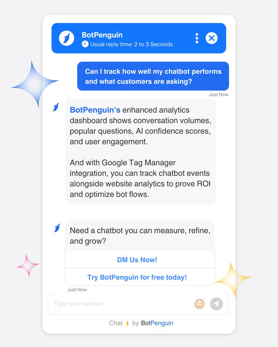 imbotpenguin's tweet image. A chatbot without analytics is like marketing without metrics. 😌

BotPenguin helps you track every conversation, identify what customers want, and optimize flows with proof of ROI.

Make your bot smarter with data.

#BotPenguin 
#ChatbotAnalytics #AIChatbot #BotFriday