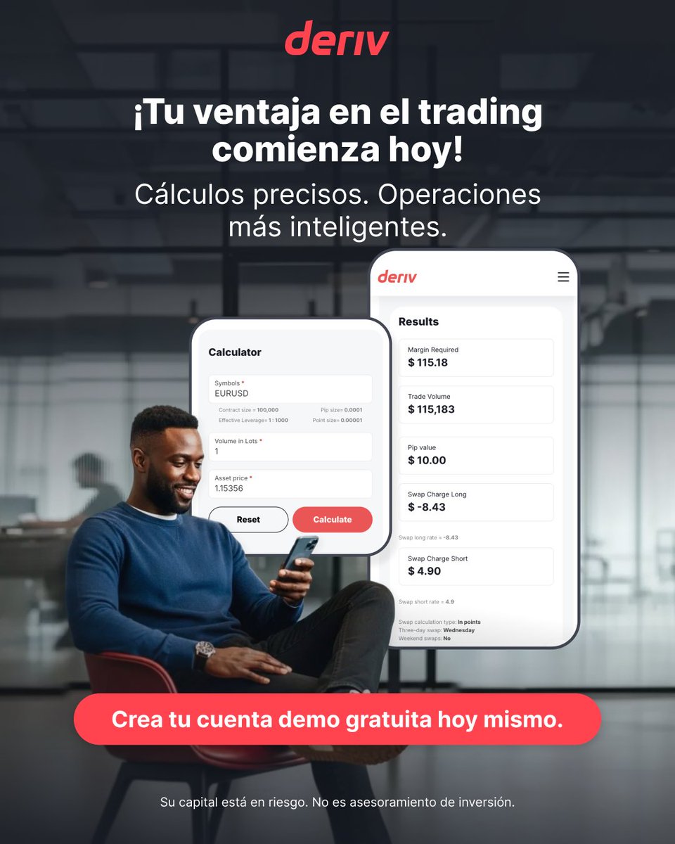 DerivEspanol's tweet image. Operaciones más inteligentes están a un clic de distancia. 

La calculadora de trading de Deriv GRATUITA te brinda claridad instantánea para tomar decisiones con confianza.

¡Crea tu cuenta demo gratis hoy! deriv.link/4pvDgXS

#Deriv #TradingCalculator #TradeSmart

Este…