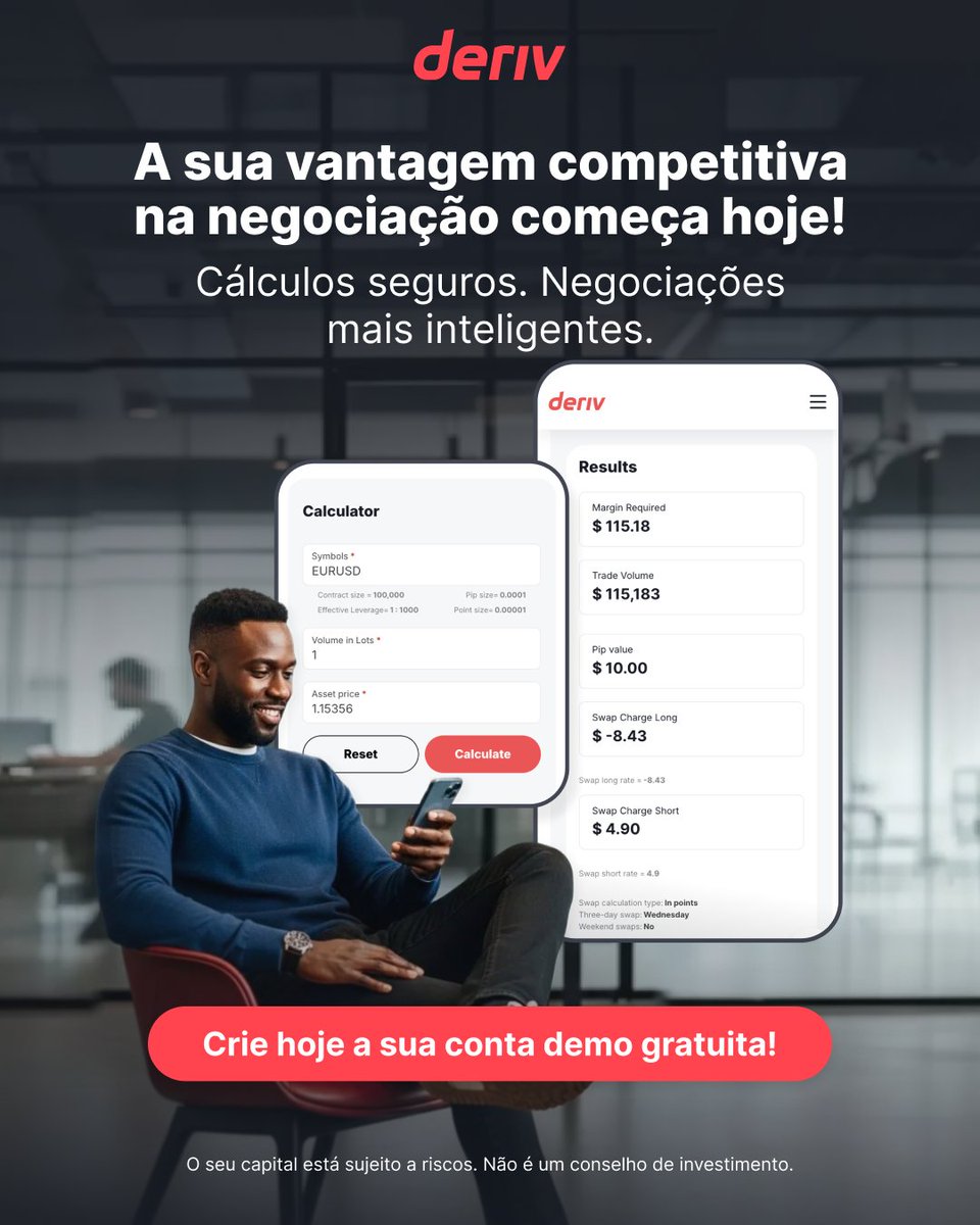 DerivPortugues's tweet image. Negociações mais inteligentes estão a um clique de distância. A sua Calculadora de Negociação Deriv GRATUITA oferece clareza instantânea para decisões confiantes.

Crie hoje a sua conta demo gratuita! deriv.link/4p6jcvm

#Deriv #TradingCalculator #TradeSmart

Este material…