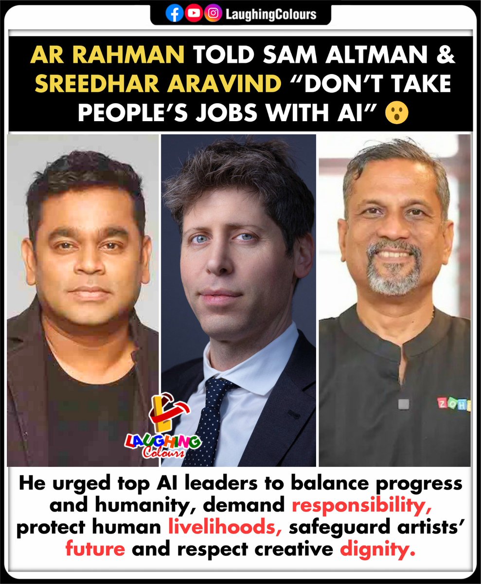 Rahman urges AI responsibility 🤖

#ARRahman #SamAltman #AIEthics #JobSafety #TechnologyTalk #CreativeRights