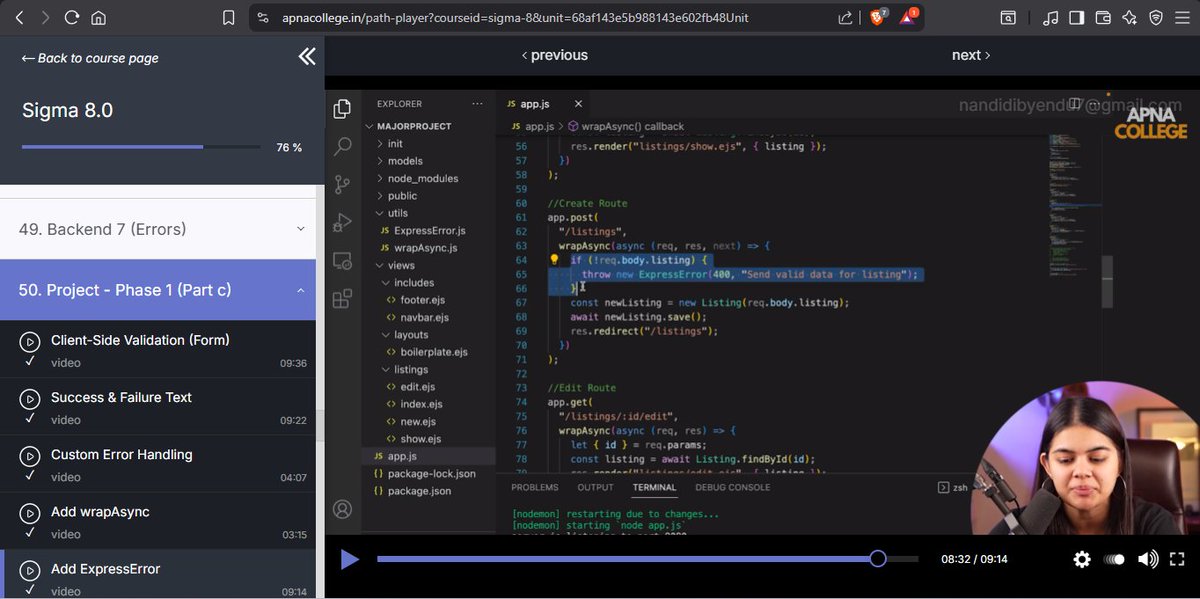 dibyendu2005's tweet image. Day 83 — no more messy errors 🎯
Added wrapAsync + ExpressError in my project today.
The backend is finally behaving like it should 😎🔥
#100DaysOfCode #ExpressJS #NodeJS #Backend #WebDev
