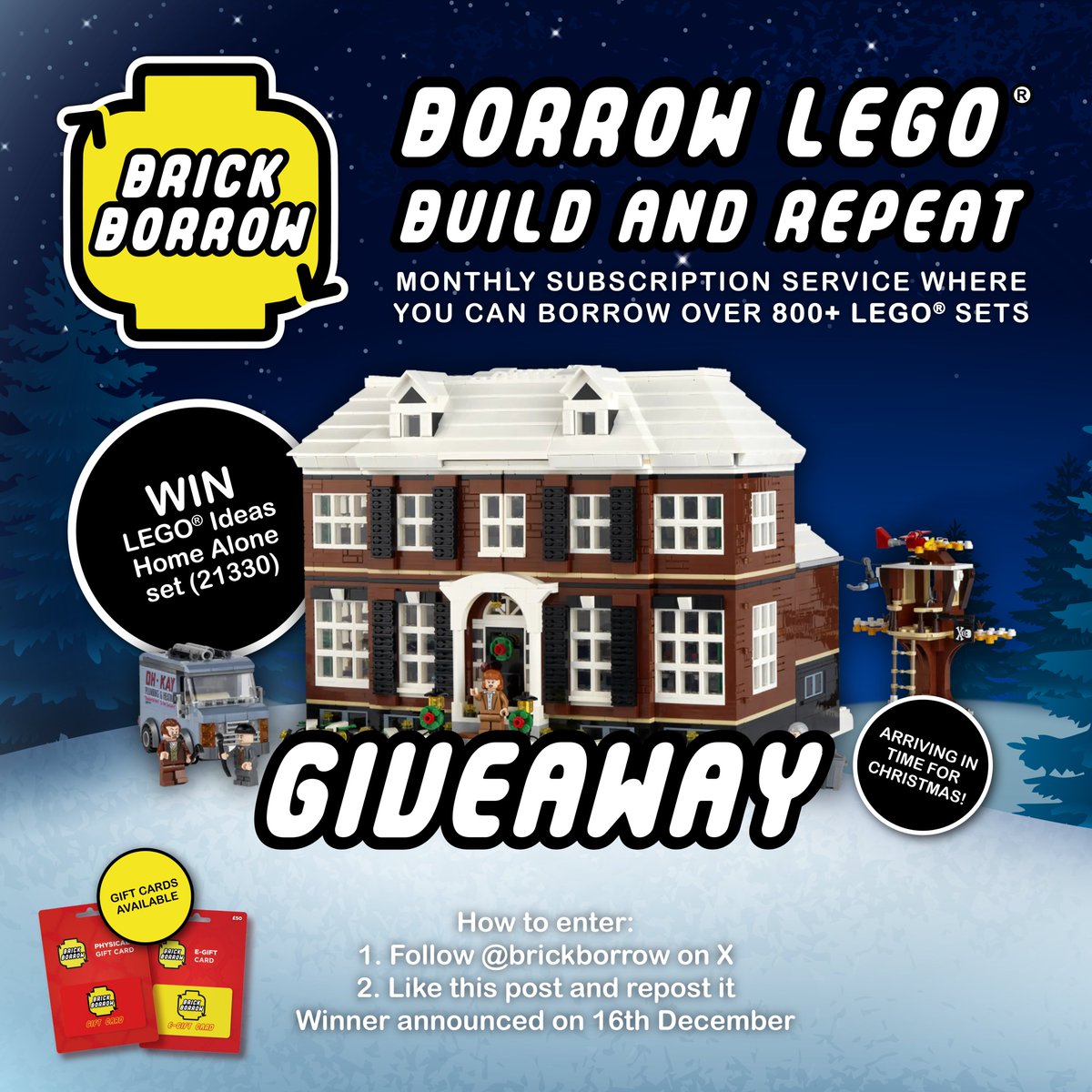 BrickBorrow's tweet image. 🏠🎄😱 Fancy winning yourself the amazing LEGO® Ideas Home Alone set?

Enter the Brick Borrow giveaway NOW! - the UK's leading LEGO® library subscription.

To enter:
1.⁠ ⁠Follow @BrickBorrow on X
2.⁠ ⁠Like this post and repost it 😊🙌

WINNER ANNOUNCED 16TH OF DECEMBER 2025!