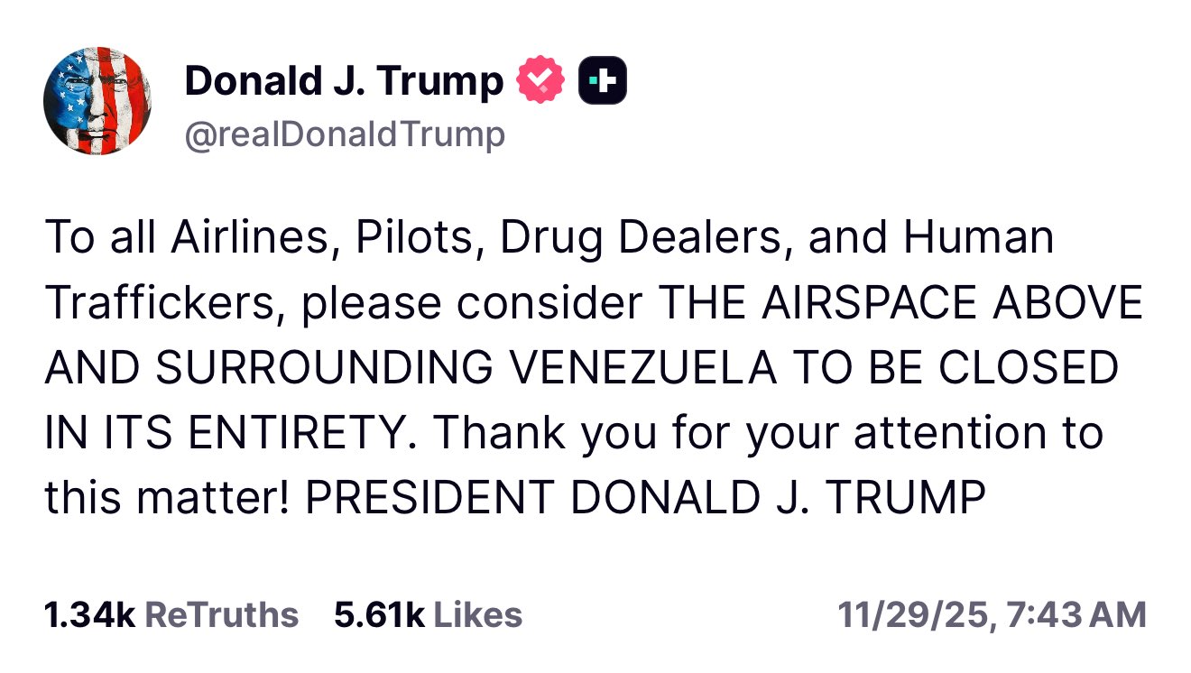 ترامب يعلن إغلاق المجال الجوي فوق فنزويلا بالكامل (إكس)