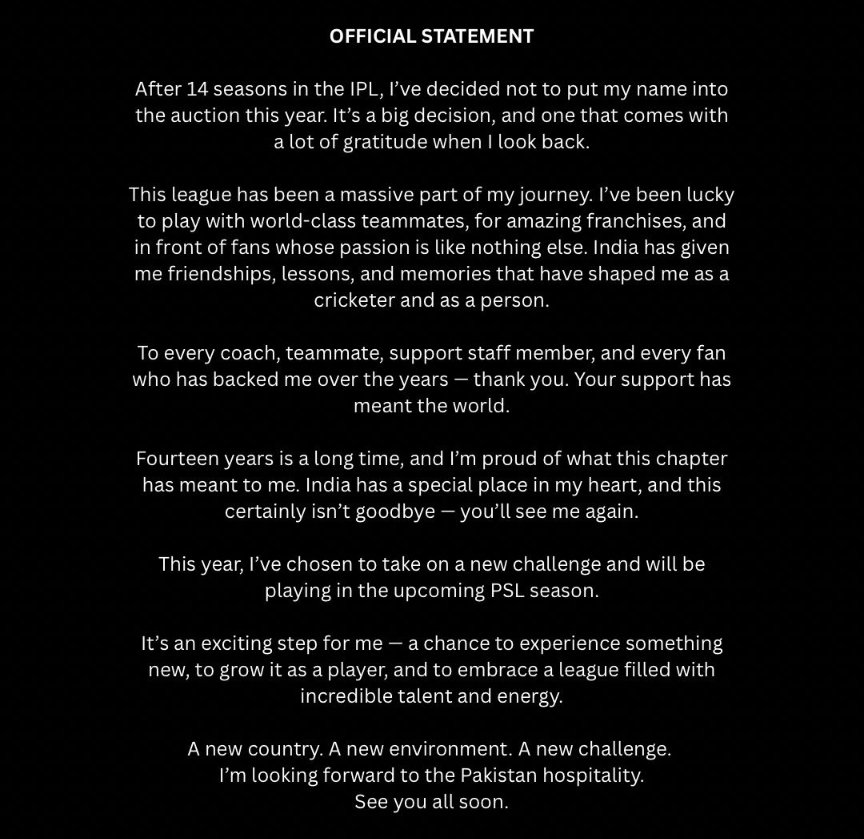 🚨 JUST IN 🚨 

Faf du Plessis will not enter the IPL Auction this year. 

In a statement, he thanked fans and franchises, and announced that he’ll play the upcoming PSL season.