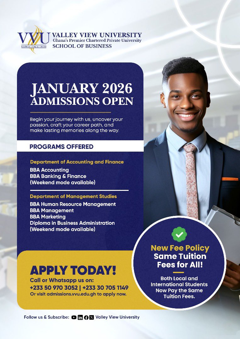 VVUniversity's tweet image. Admissions are currently open. Apply today! 

Our New fees policy: All International and Local students pay the same fees. No more dollar fees. 

Grab the opportunity and tell a friend as well 😊👍.

#VVU #valleyviewuniversity #newfeespolicy