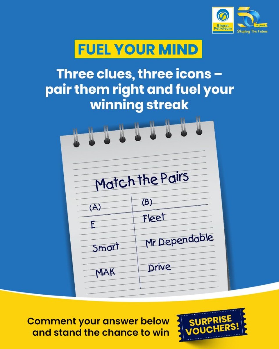 BPCLimited's tweet image. Can you solve the puzzle? Comment your answers below!

How to Participate:
1.Crack the puzzle — comment your answer below.
2.Tag 3 friends in your comment to join the fun.
3.Use #BPCL and #Contest when you comment.
4.Like this post and follow @bpclimited to…
