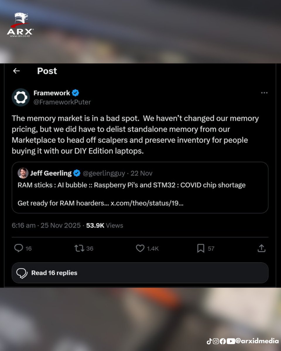 arxidmedia's tweet image. Framework berhenti jual standalone RAM untuk cegah scalper dan prioritaskan inventori untuk pembeli laptop DIY Edition. Framework memperingatkan harga memory dari supplier naik drastis sehingga harga bakal segera dinaikkan.
Source: TechPowerUp 
#arxidmedia #Framework #RAM #Memory