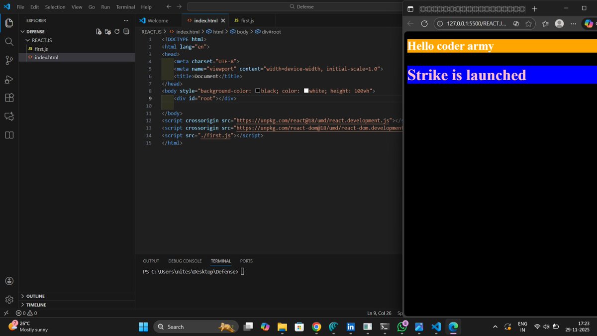 BarnwalNit81849's tweet image. Day 01 React done ✅ 
 
Just completed a deep dive into React fundamentals! 🚀 This tutorial was all about understanding the &quot;why&quot; behind the code.
Key takeaways:
🔄 Custom Elements: Building a reusable createElement function from scratch.
🆚 React vs ReactDOM
#ReactJs  #WebDev