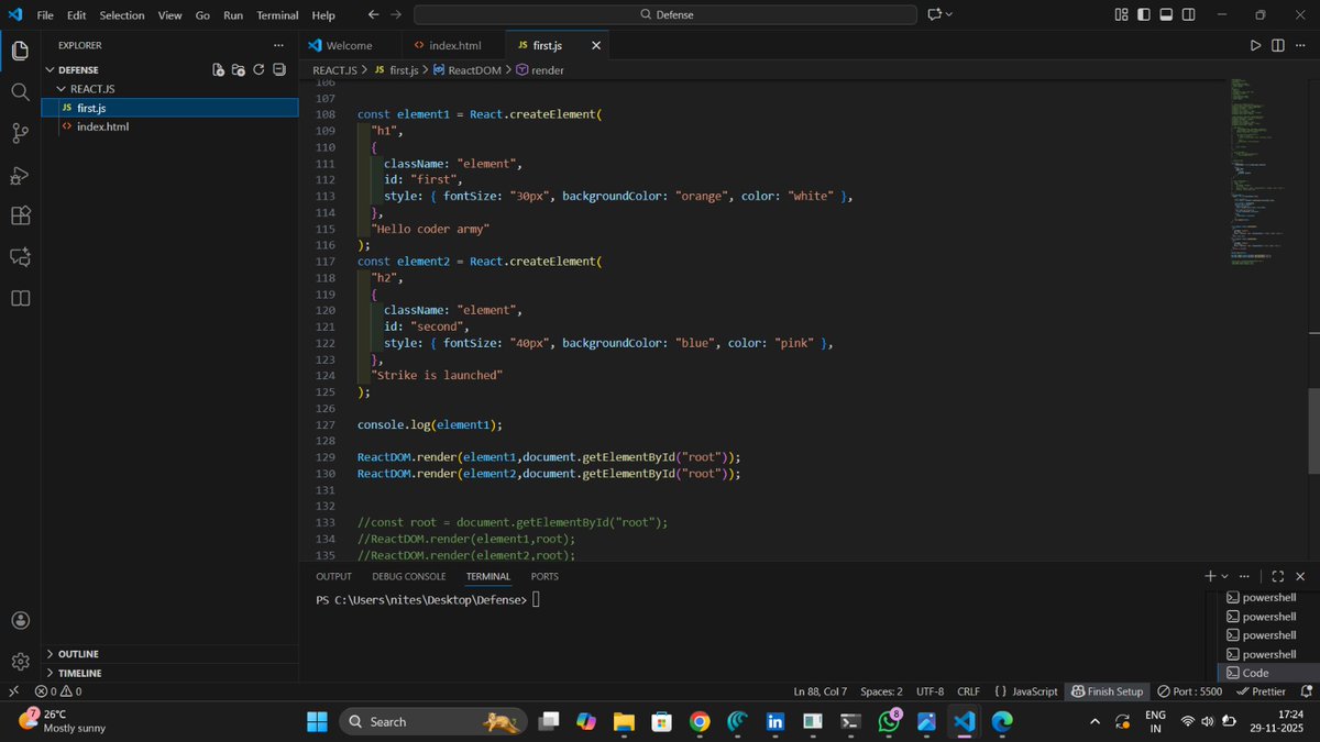 BarnwalNit81849's tweet image. Day 01 React done ✅ 
 
Just completed a deep dive into React fundamentals! 🚀 This tutorial was all about understanding the &quot;why&quot; behind the code.
Key takeaways:
🔄 Custom Elements: Building a reusable createElement function from scratch.
🆚 React vs ReactDOM
#ReactJs  #WebDev